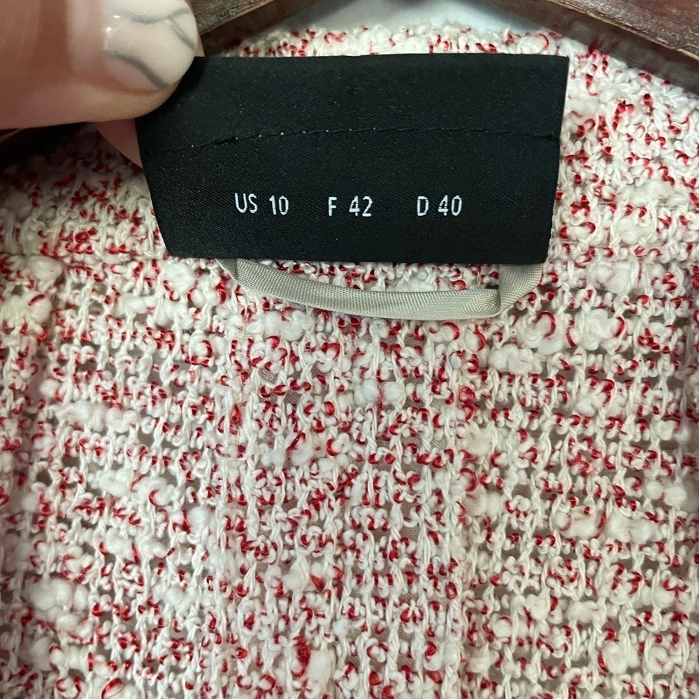 EUC Akris Punto Light Open Front Red White Speckled Textured Weave Blazer Sz 10 - Picture 8 of 13